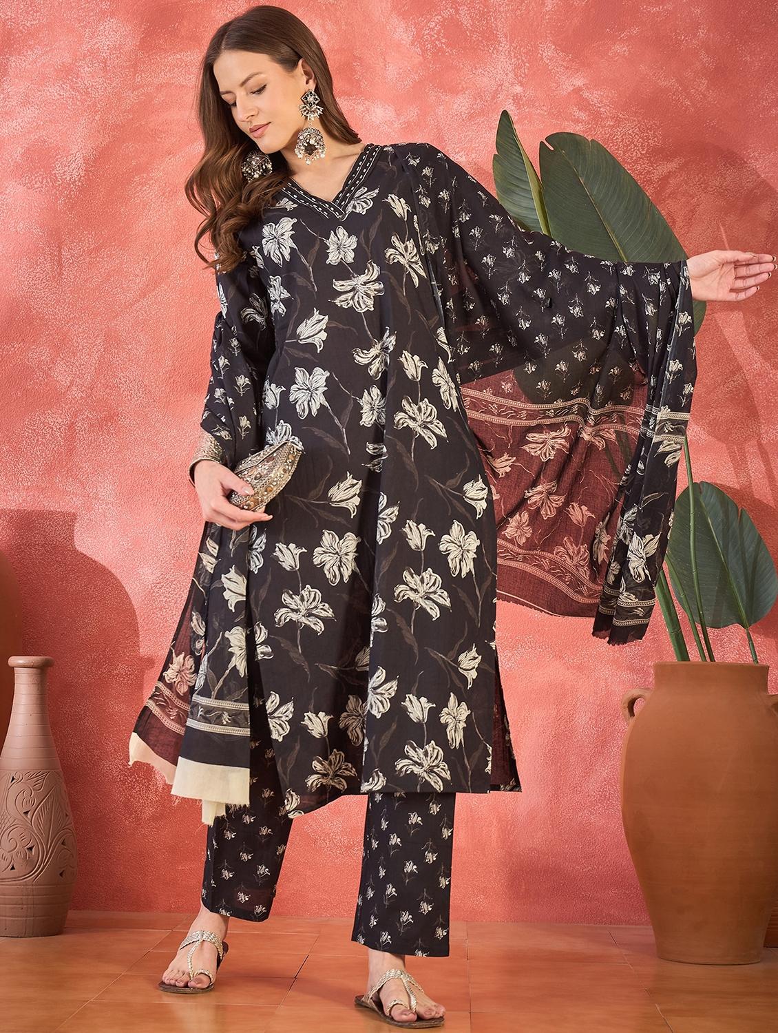 women floral three quarter sleeve kurta pant with dupatta set - 22026242 -  Standard Image - 1