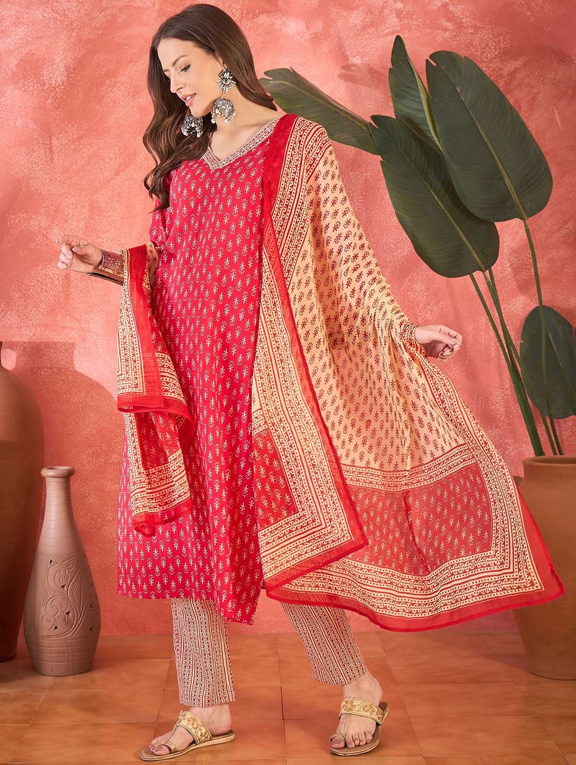 women printed three quarter sleeve kurta pant with dupatta set - 22026243 -  Standard Image - 1