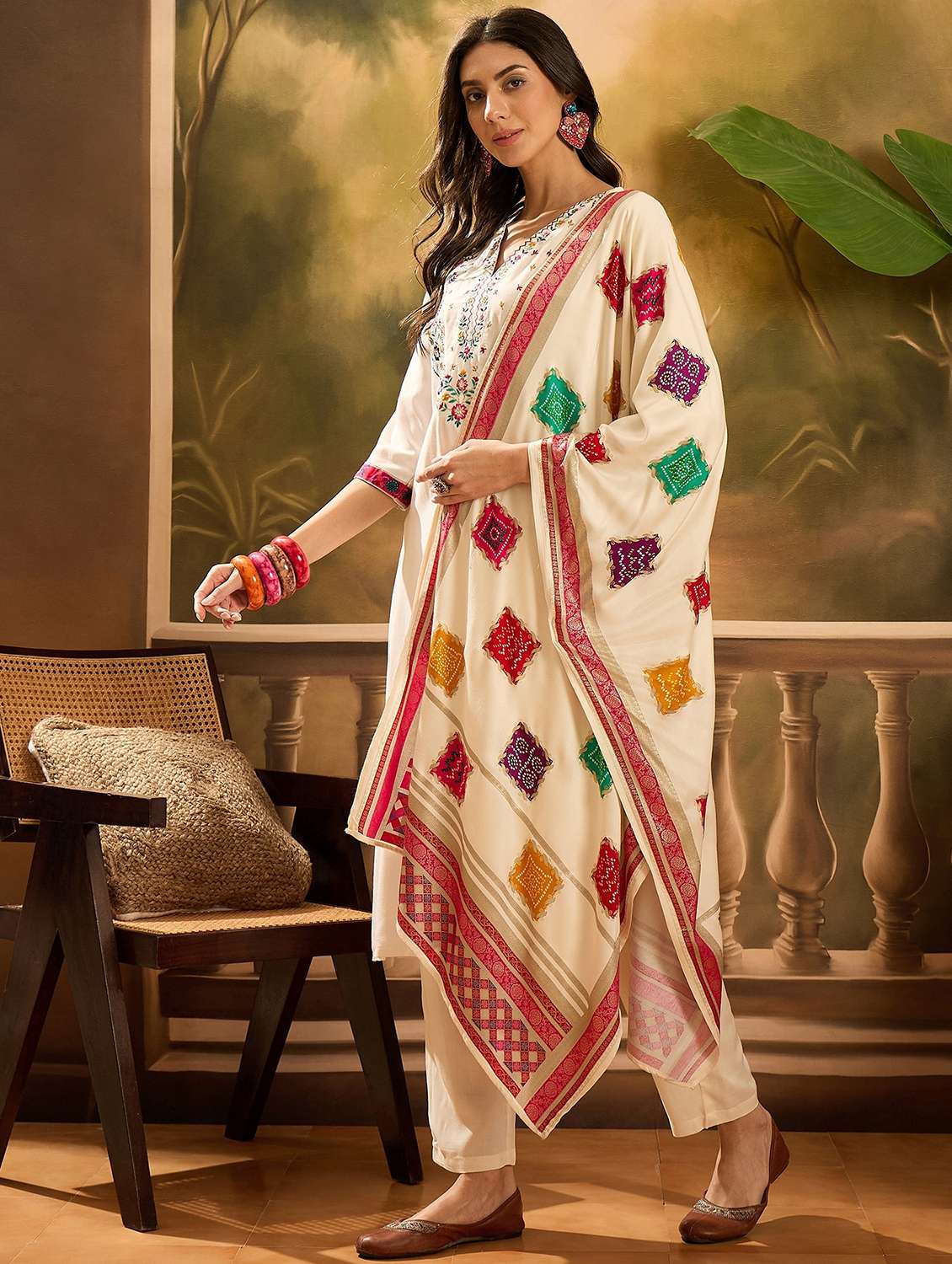 women printed three quarter sleeve kurta pant with dupatta set - 22026245 - Standard Image - 1