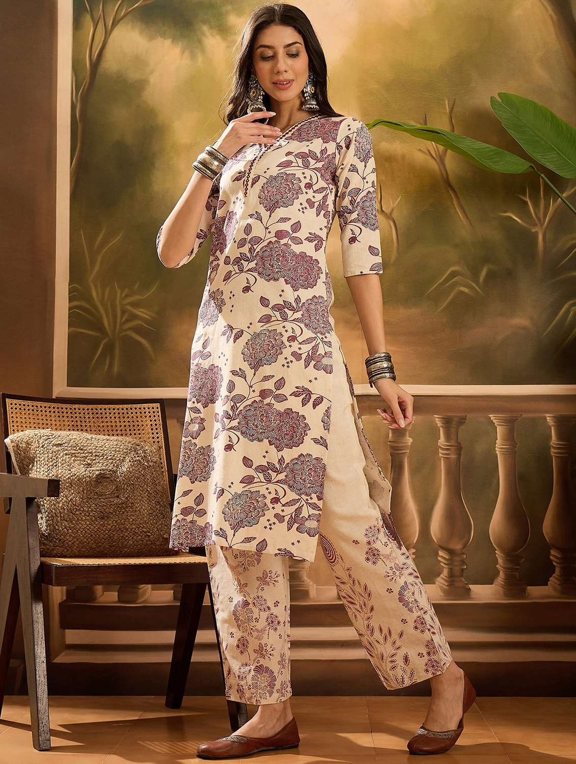women floral printed three quarter sleeve kurta pant set - 22026251 -  Standard Image - 1