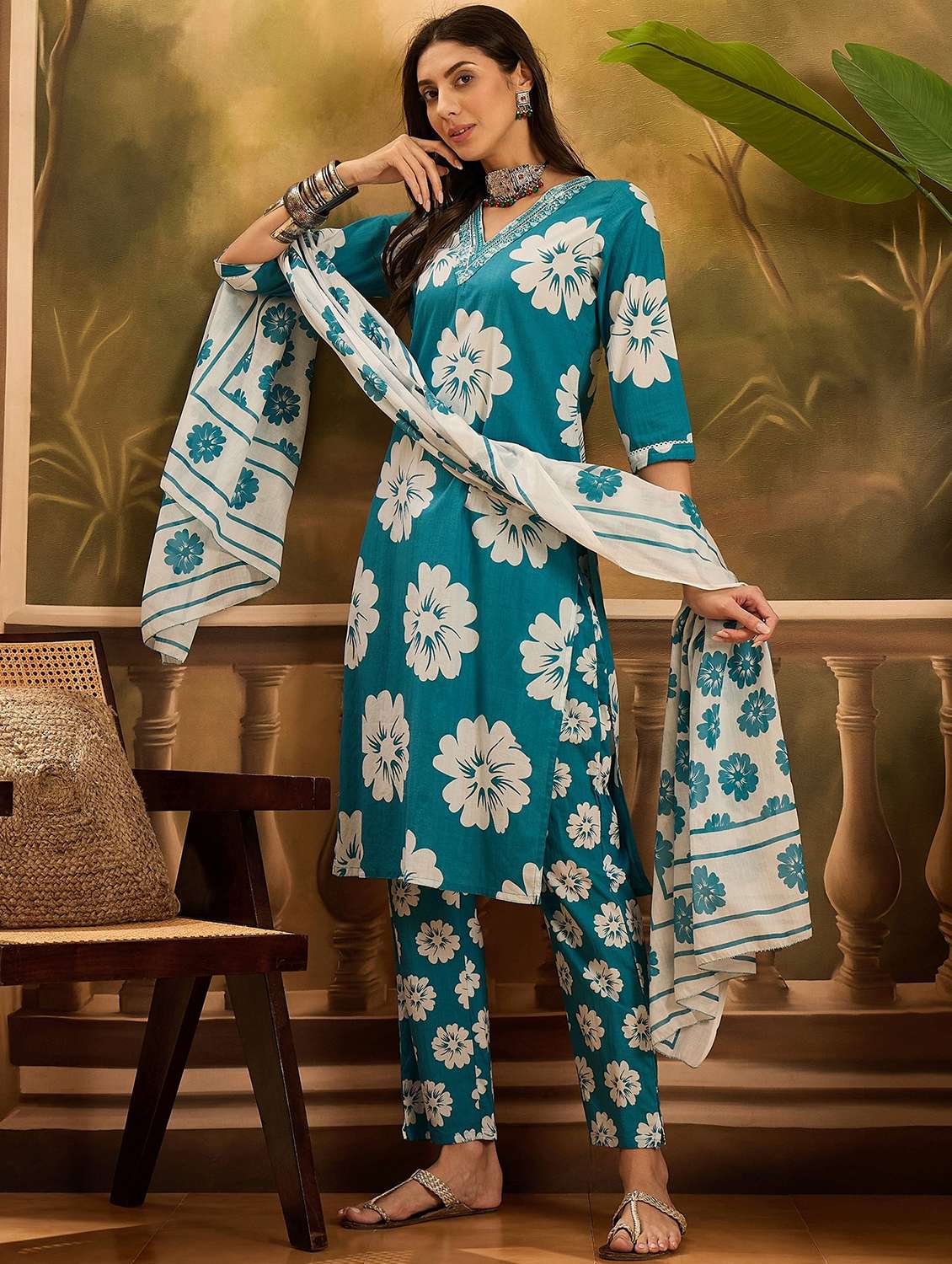women floral printed three quarter sleeve kurta pant with dupatta set - 22026254 - Standard Image - 1