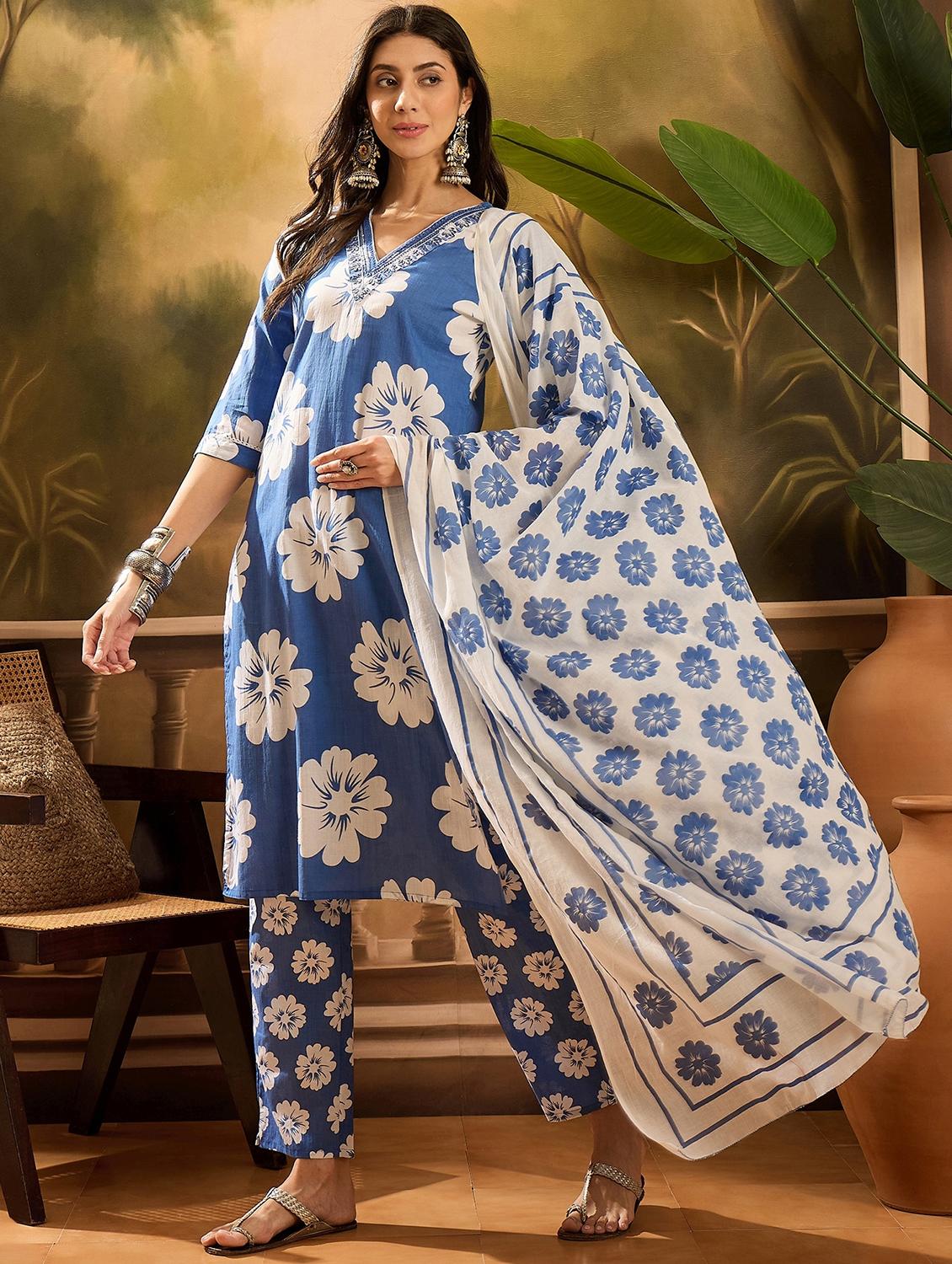 women floral printed three quarter sleeve kurta pant with dupatta set - 22026255 -  Standard Image - 1