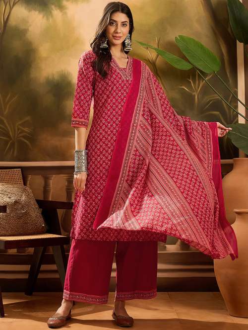 women printed three quarter sleeve kurta palazzo with dupatta set - 22026256 -  Standard Image - 0