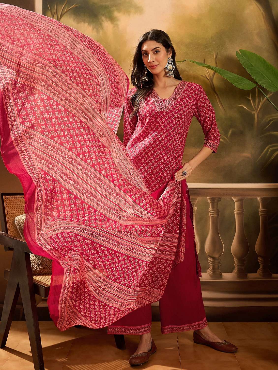 women printed three quarter sleeve kurta palazzo with dupatta set - 22026256 - Standard Image - 1