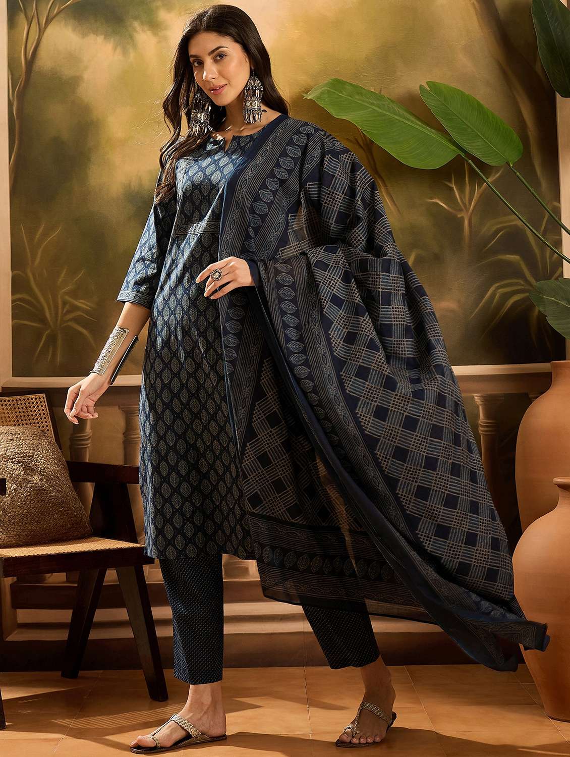 women printed three quarter sleeve kurta pant with dupatta set - 22026261 - Standard Image - 1
