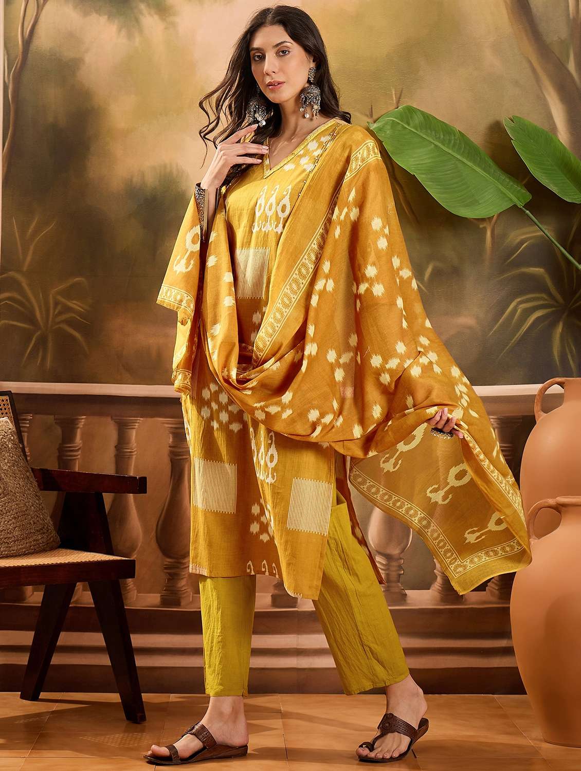 women printed three quarter sleeve kurta pant with dupatta set - 22026262 -  Standard Image - 1