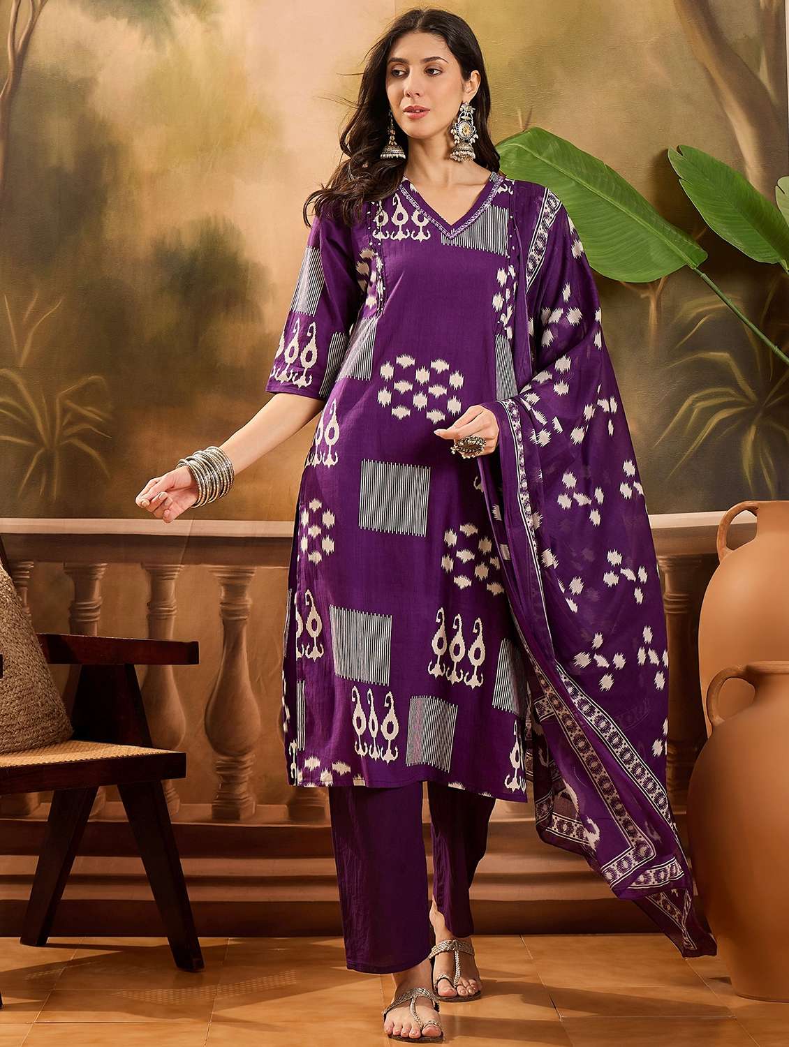 women printed three quarter sleeve kurta pant with dupatta set