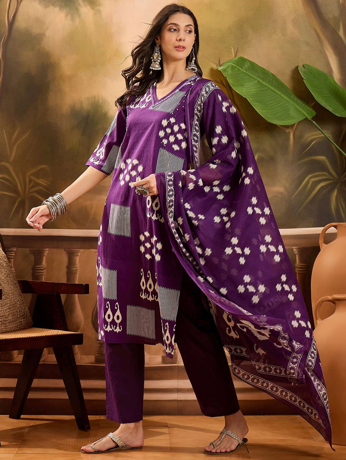 women printed three quarter sleeve kurta pant with dupatta set - 22026263 - Standard Image - 1