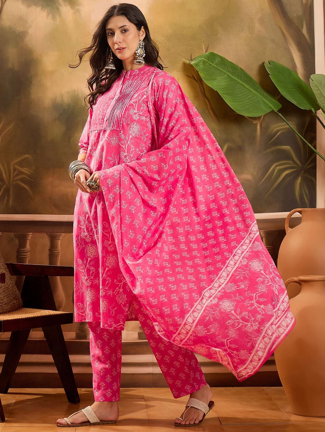 women printed three quarter sleeve kurta pant with dupatta set - 22026265 - Standard Image - 1