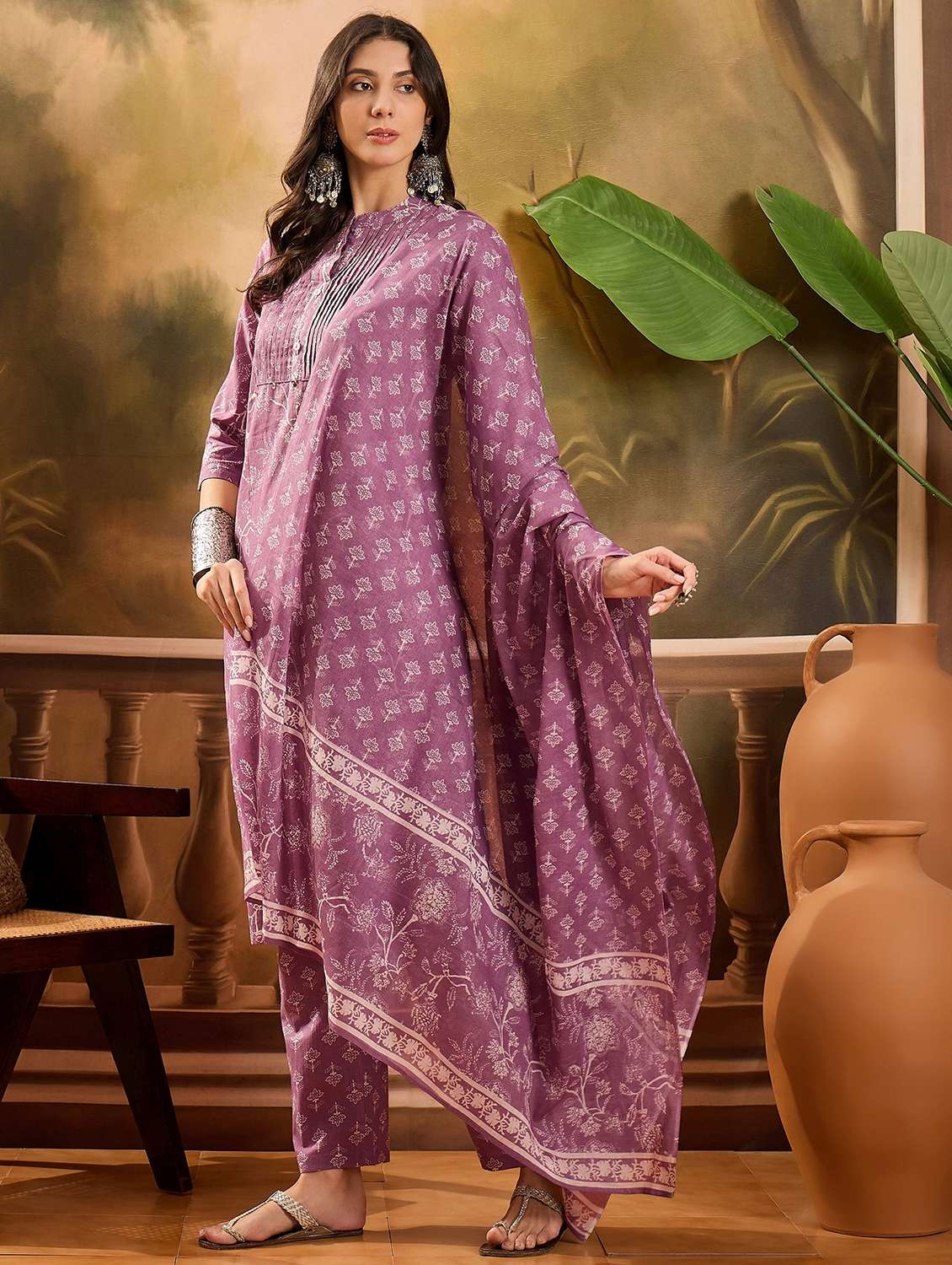 women printed three quarter sleeve kurta pant with dupatta set - 22026266 -  Standard Image - 1