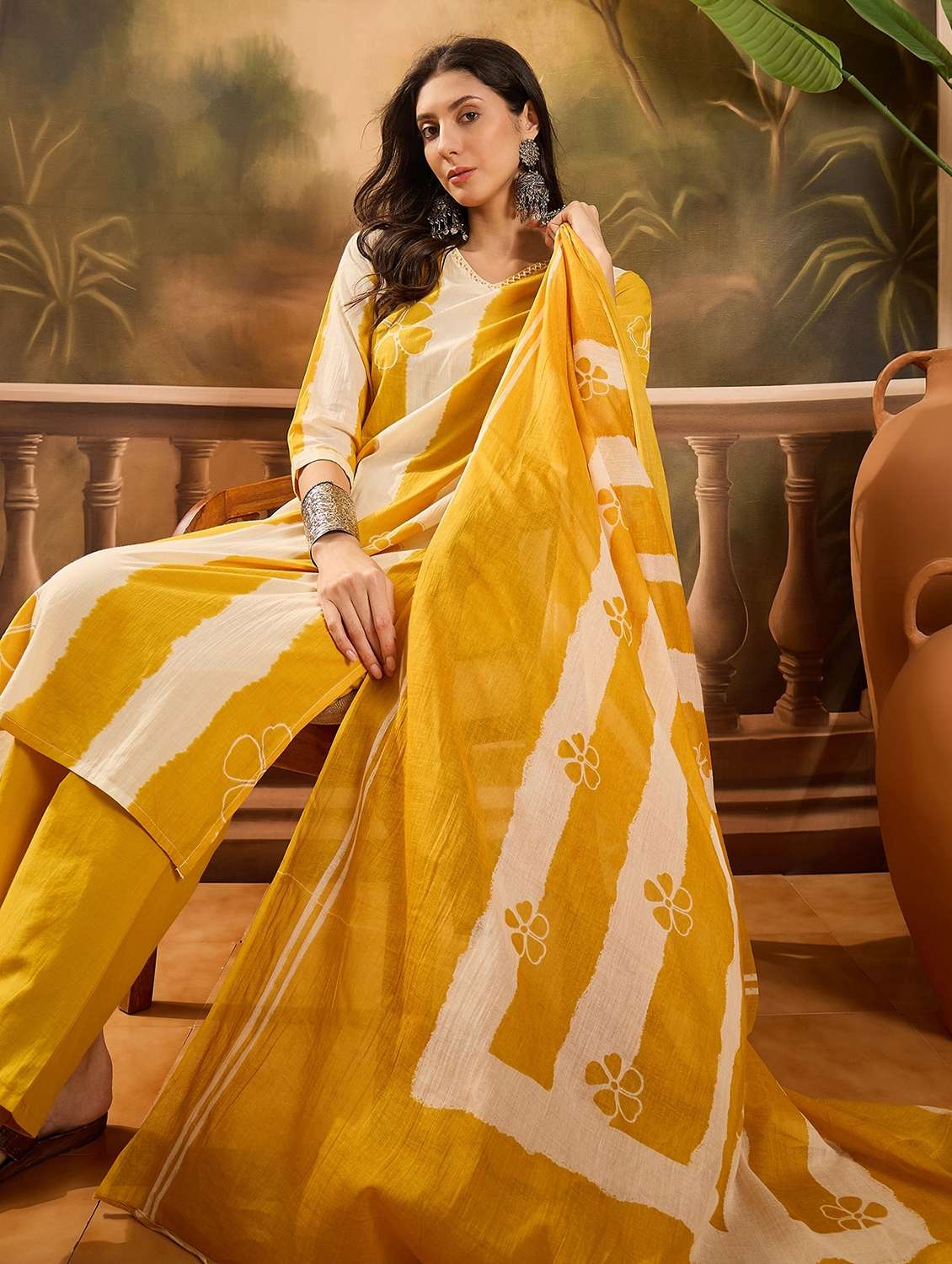 women striped three quarter sleeve kurta pant with dupatta set - 22026269 -  Standard Image - 1