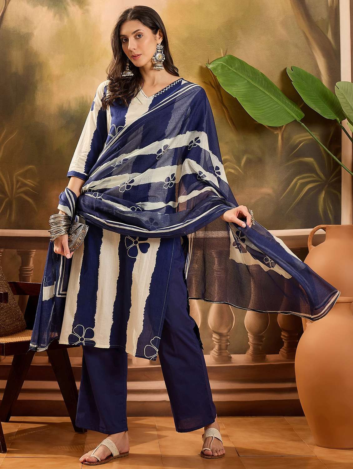 women striped three quarter sleeve kurta pant with dupatta set - 22026270 -  Standard Image - 1