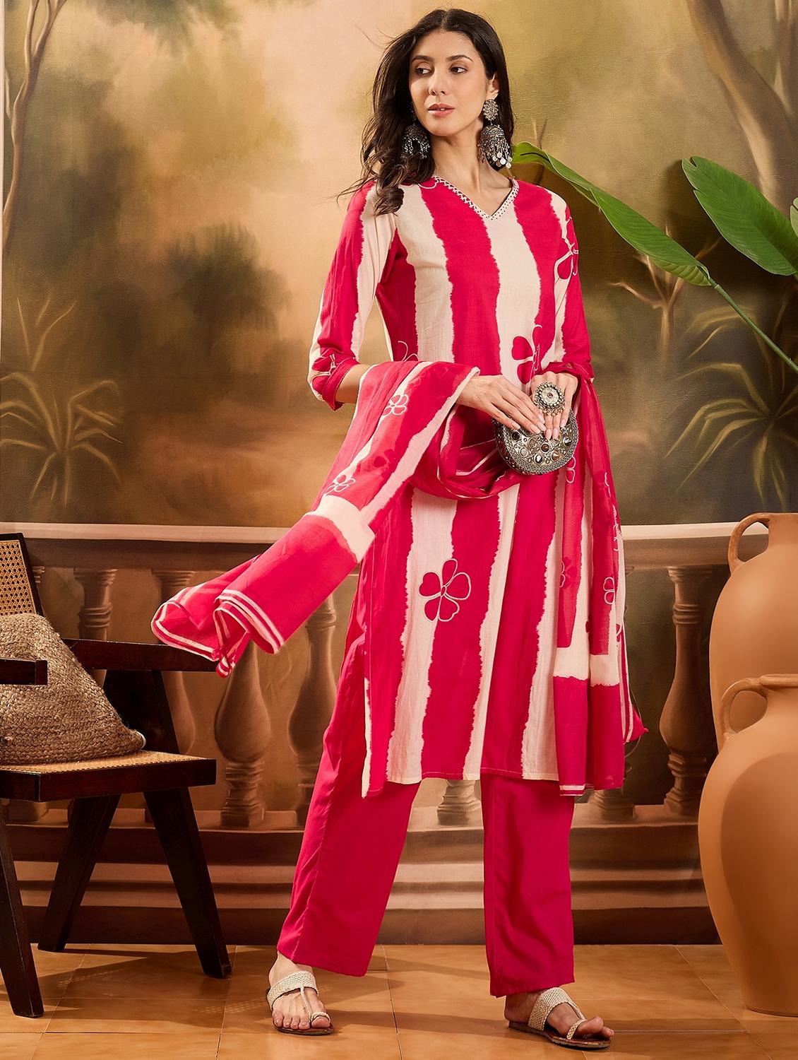 women striped three quarter sleeve kurta pant with dupatta set - 22026271 - Standard Image - 1