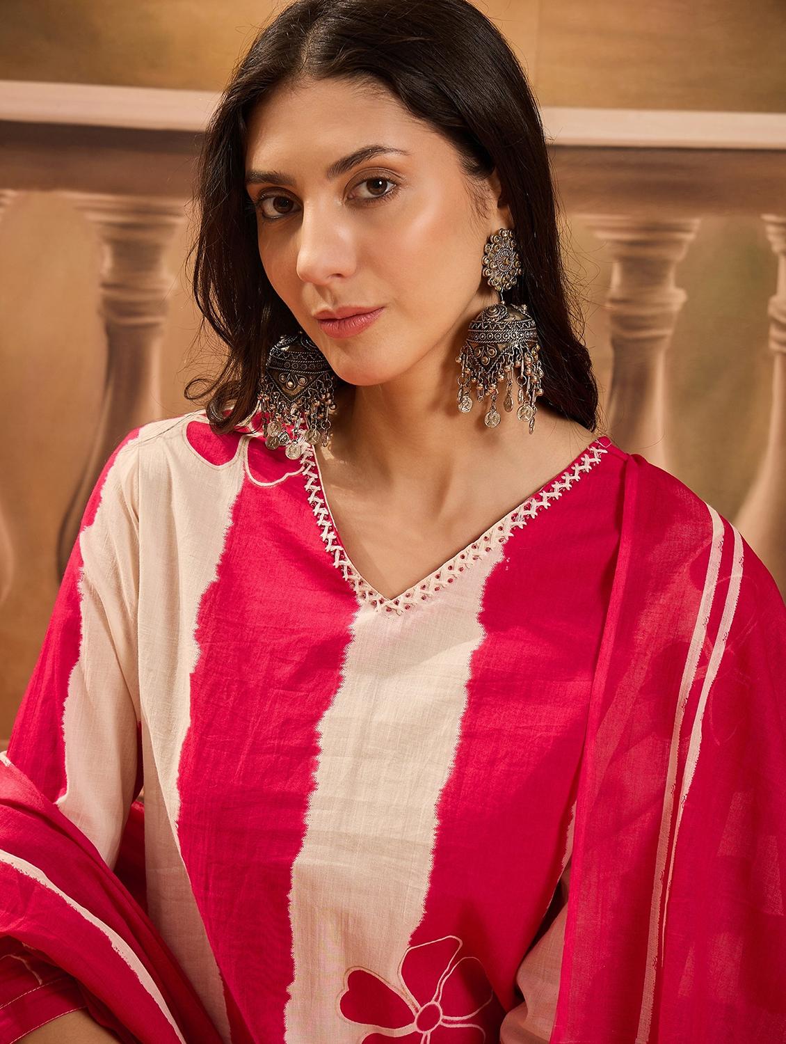 women striped three quarter sleeve kurta pant with dupatta set - 22026271 - Standard Image - 4