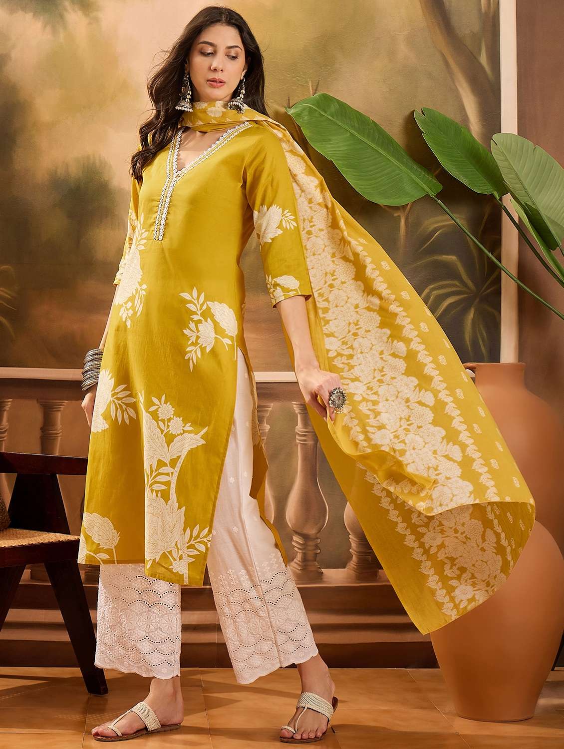 women floral printed three quarter sleeve kurta pant with dupatta set - 22026273 - Standard Image - 1
