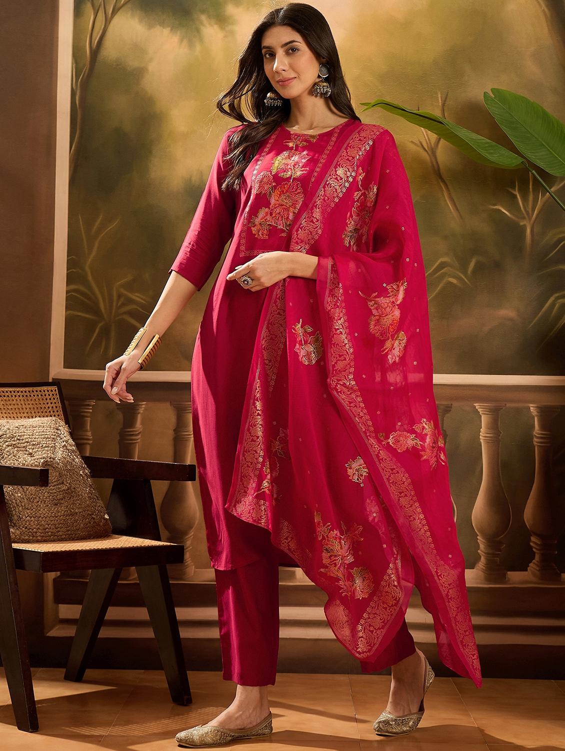 women floral printed three quarter sleeve kurta pant with dupatta set - 22026276 - Standard Image - 1