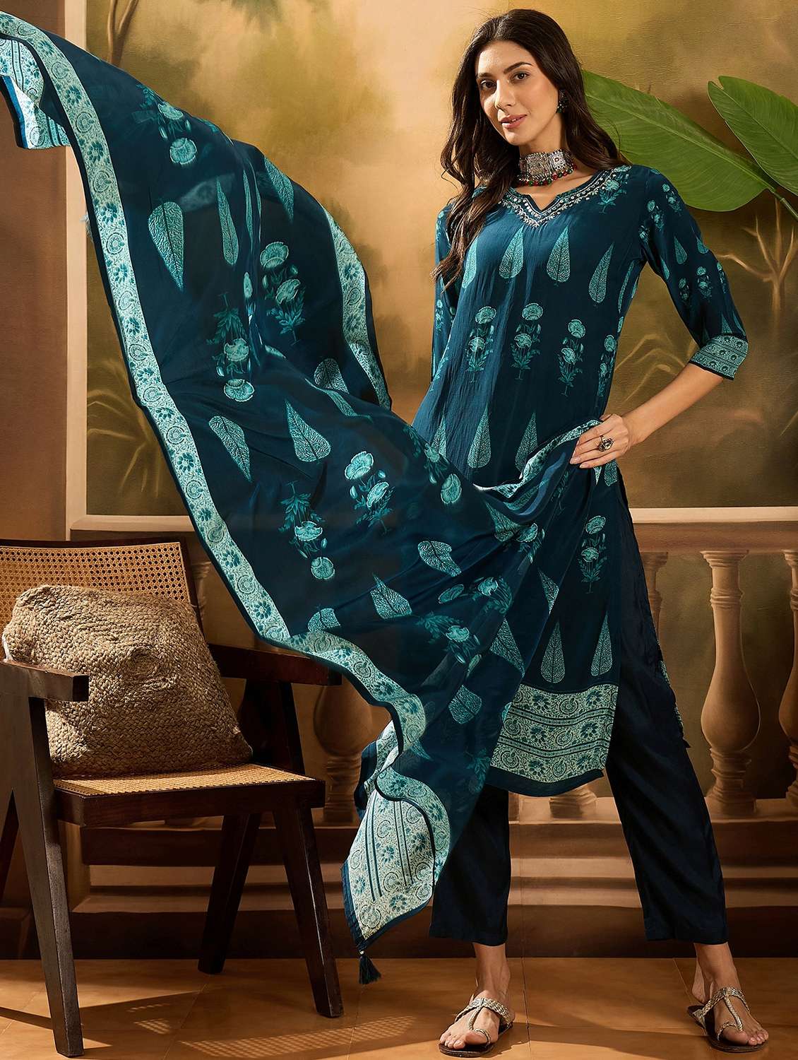 women printed three quarter sleeve kurta pant with dupatta set - 22026278 - Standard Image - 1