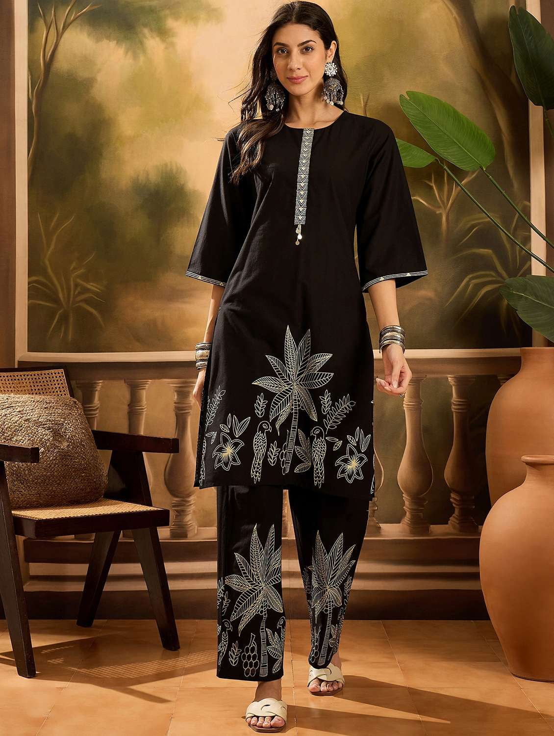 women printed three quarter sleeve kurta pant set
