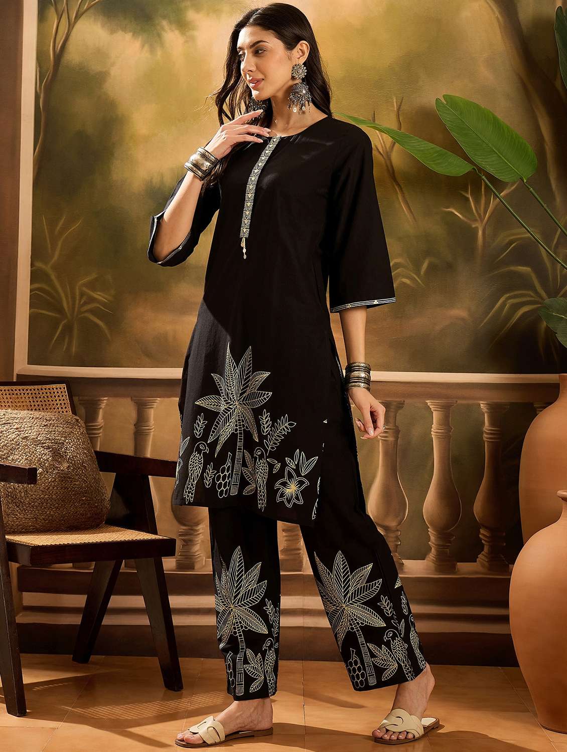women printed three quarter sleeve kurta pant set - 22026279 - Standard Image - 1