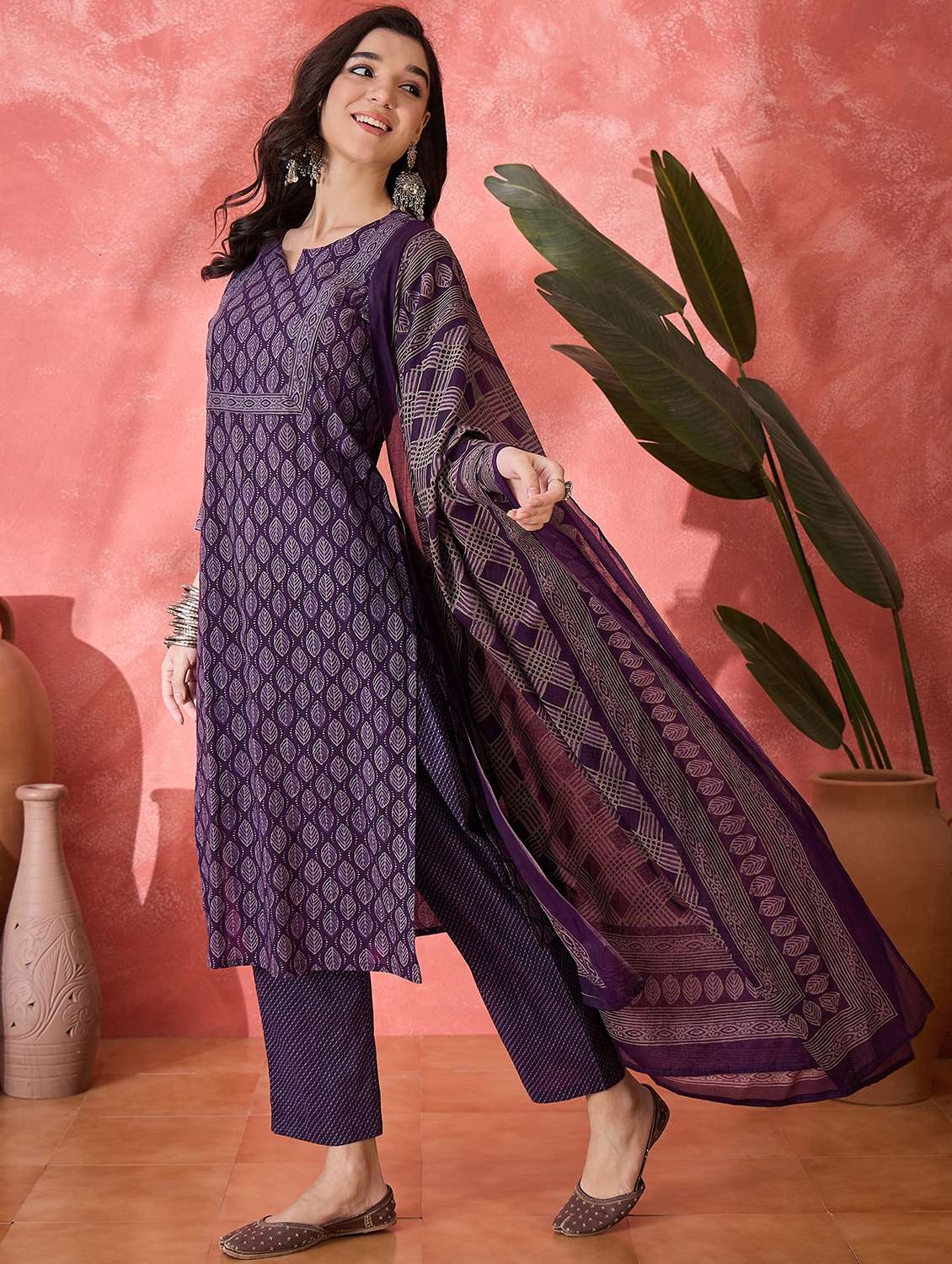 women printed three quarter sleeve kurta pant with dupatta set - 22026282 -  Standard Image - 1