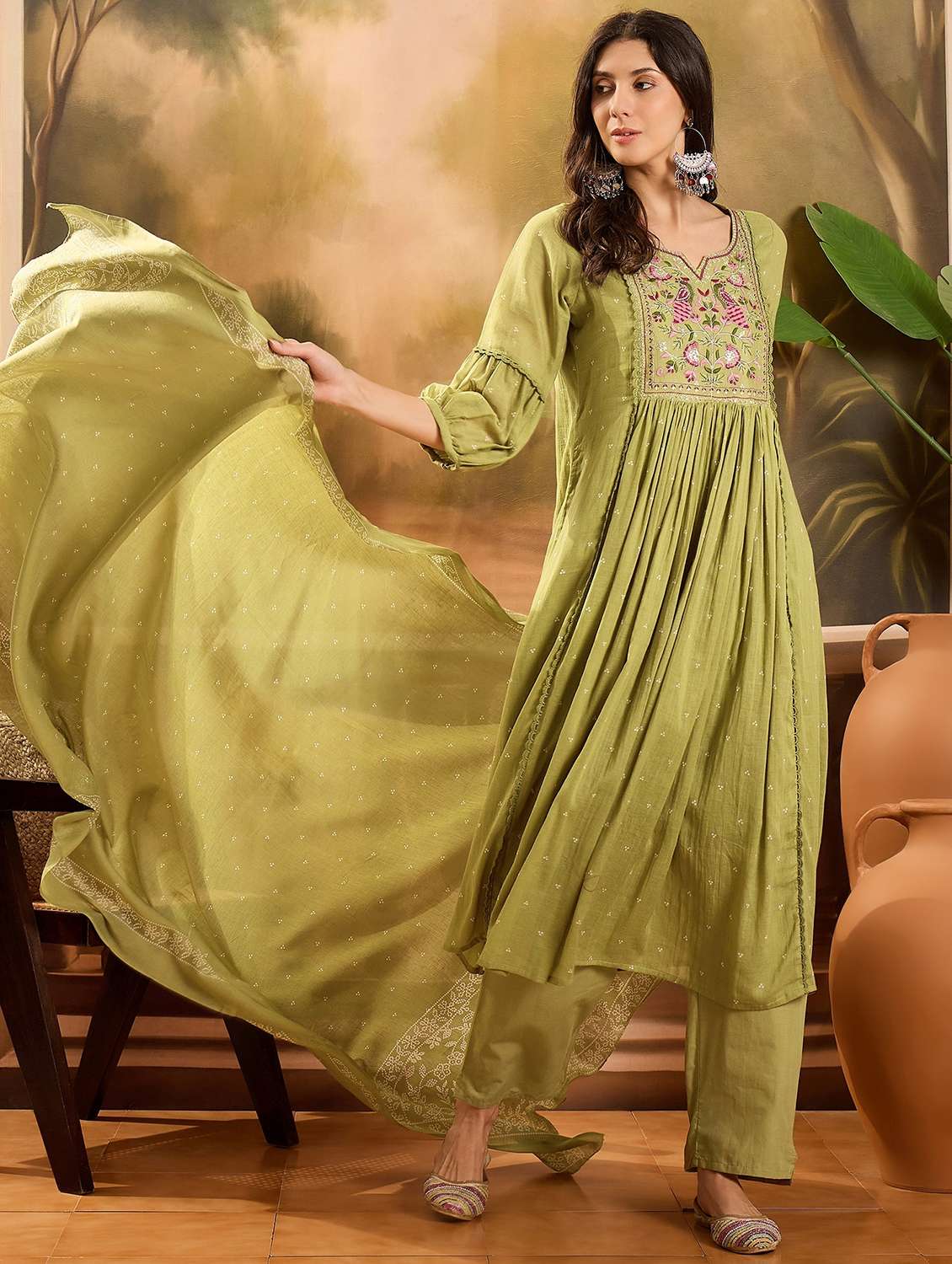 women printed three quarter sleeve kurta pant with dupatta set - 22026283 -  Standard Image - 1