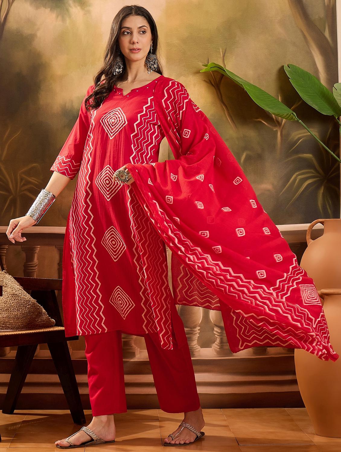 women printed three quarter sleeve kurta pant with dupatta set - 22026285 - Standard Image - 1