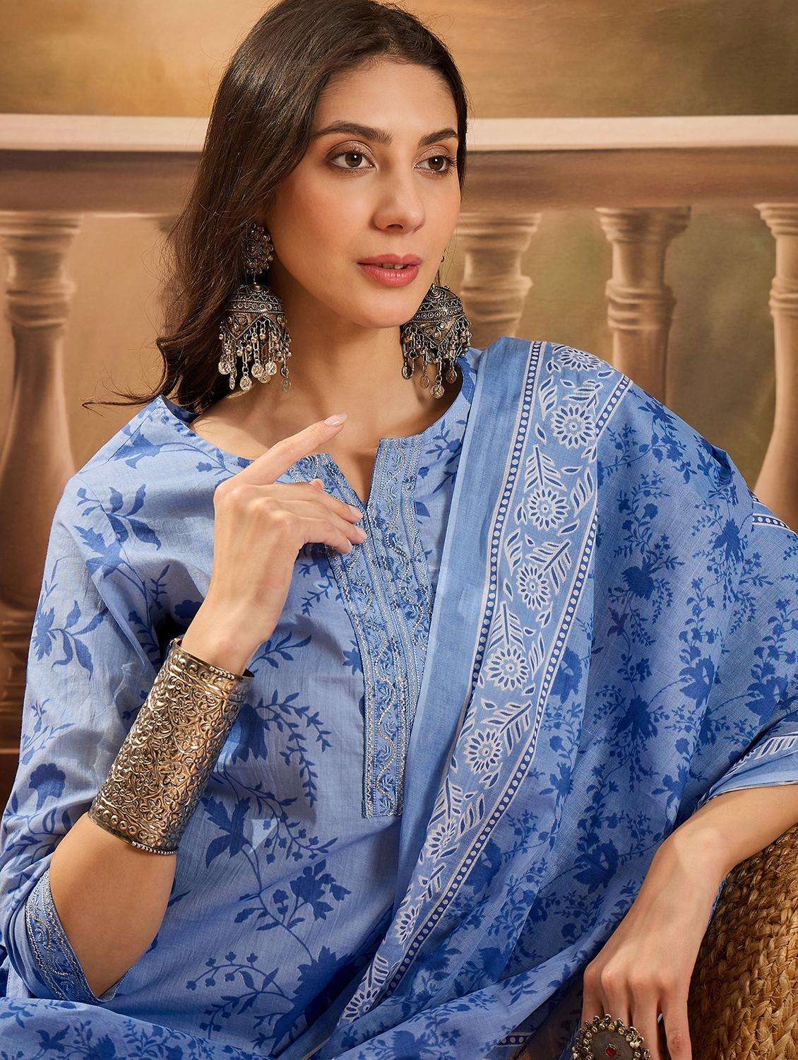 women printed three quarter sleeve kurta pant with dupatta set - 22026287 -  Standard Image - 1