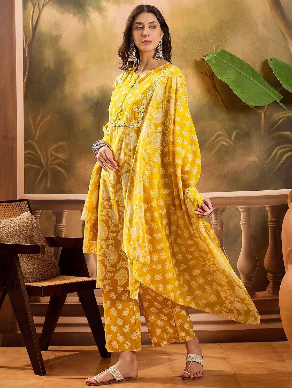 women printed three quarter sleeve kurta pant with dupatta set - 22026289 -  Standard Image - 1
