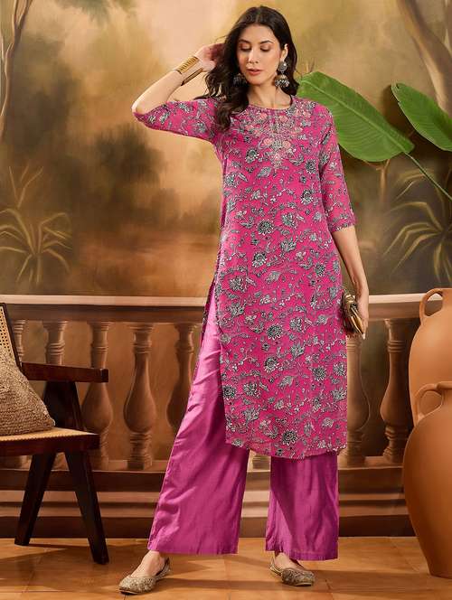women floral printed three quarter sleeve kurta palazzo set - 22026291 -  Standard Image - 0