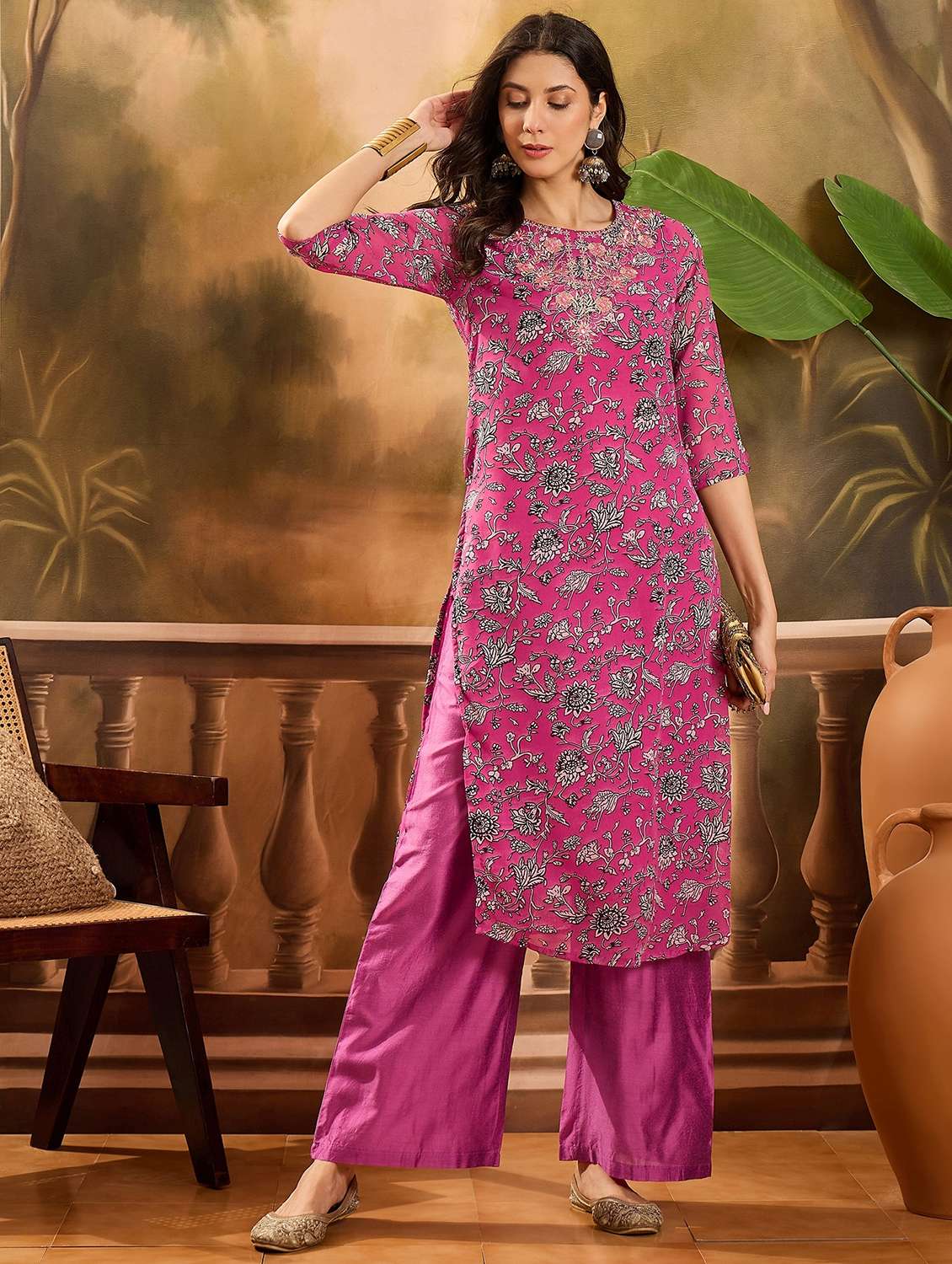 women floral printed three quarter sleeve kurta palazzo set - 22026291 -  Zoom Image - 0