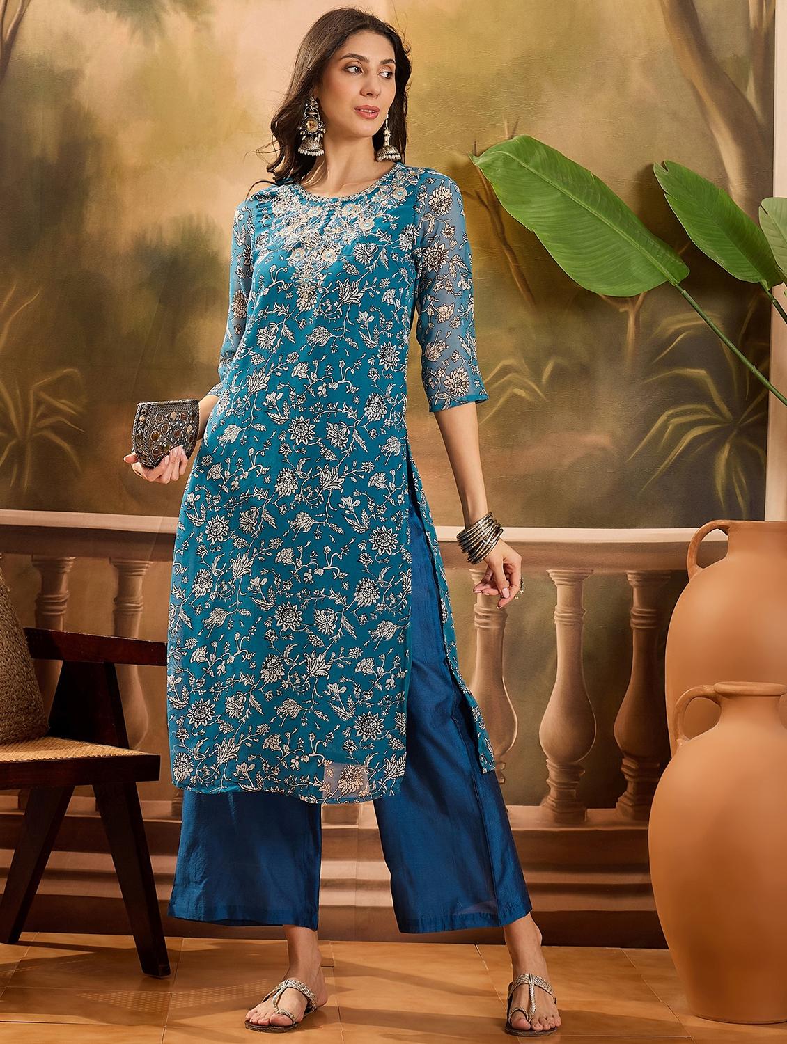 women floral printed three quarter sleeve kurta palazzo set - 22026292 - Standard Image - 1