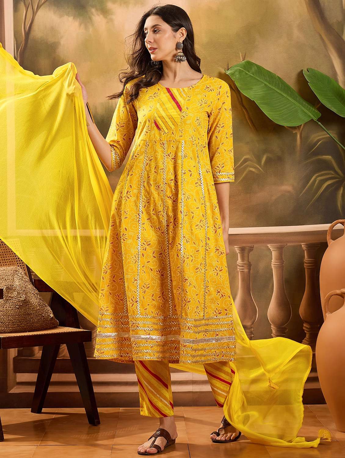 women printed three quarter sleeve kurta pant with dupatta set