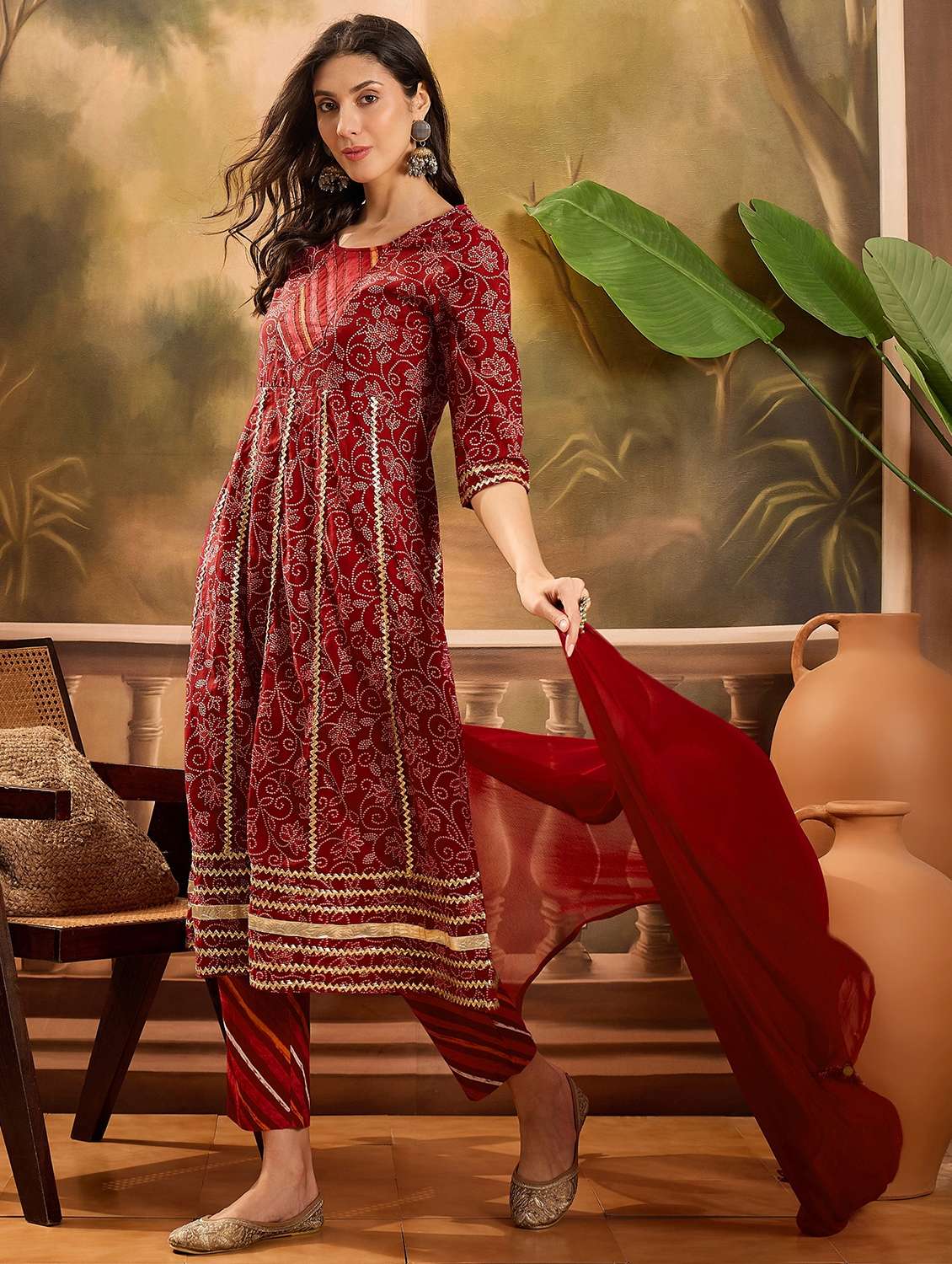 women printed three quarter sleeve kurta pant with dupatta set - 22026294 - Standard Image - 1
