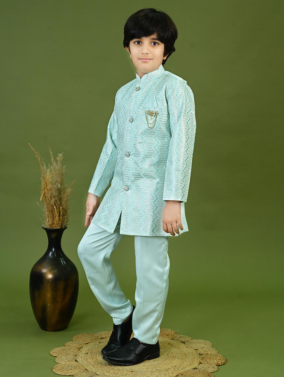 boys embroidered mandrain collar sherwani set - 22026297 -  Standard Image - 1