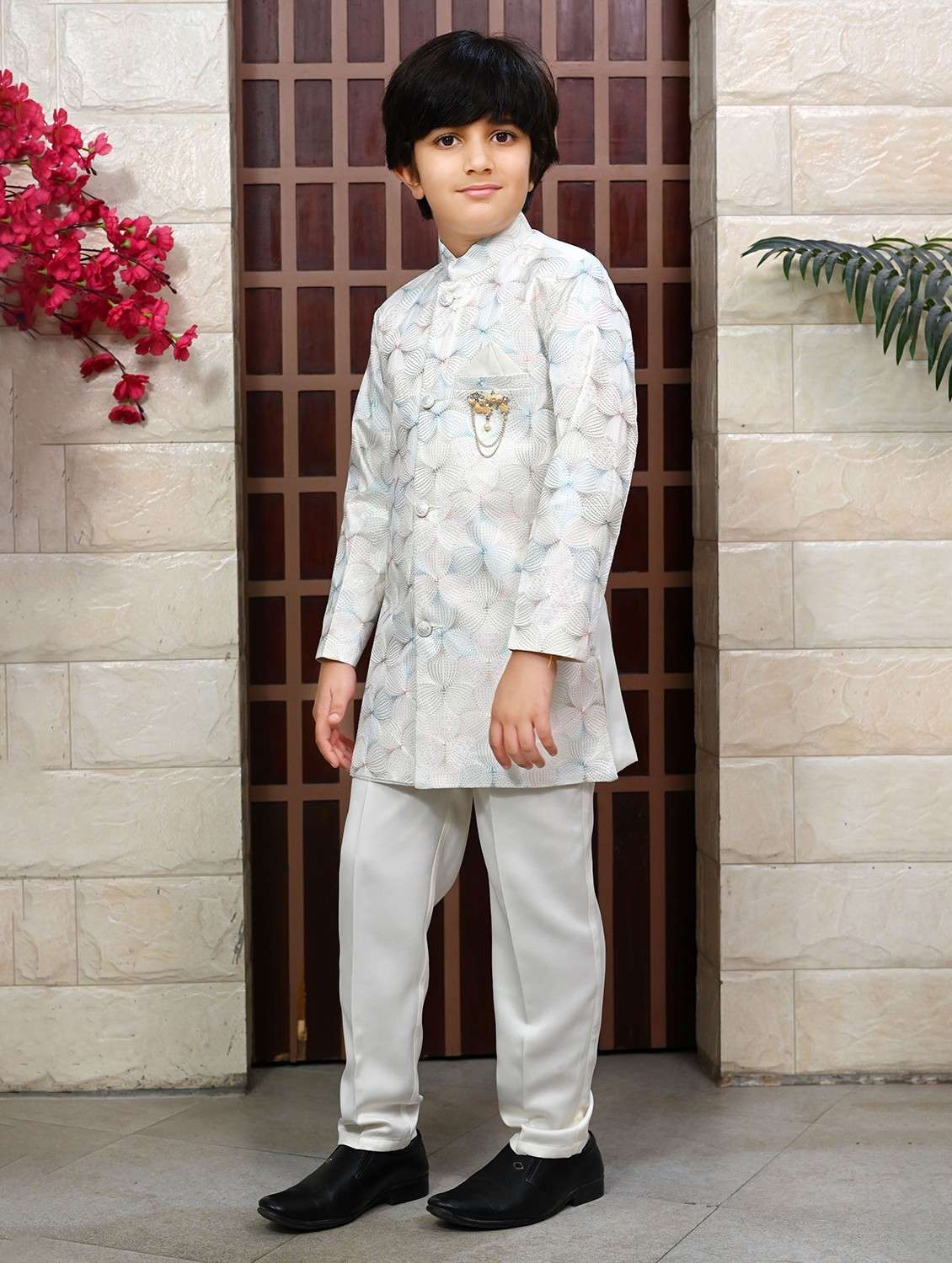 boys embroidered mandrain collar sherwani set - 22026298 -  Standard Image - 1