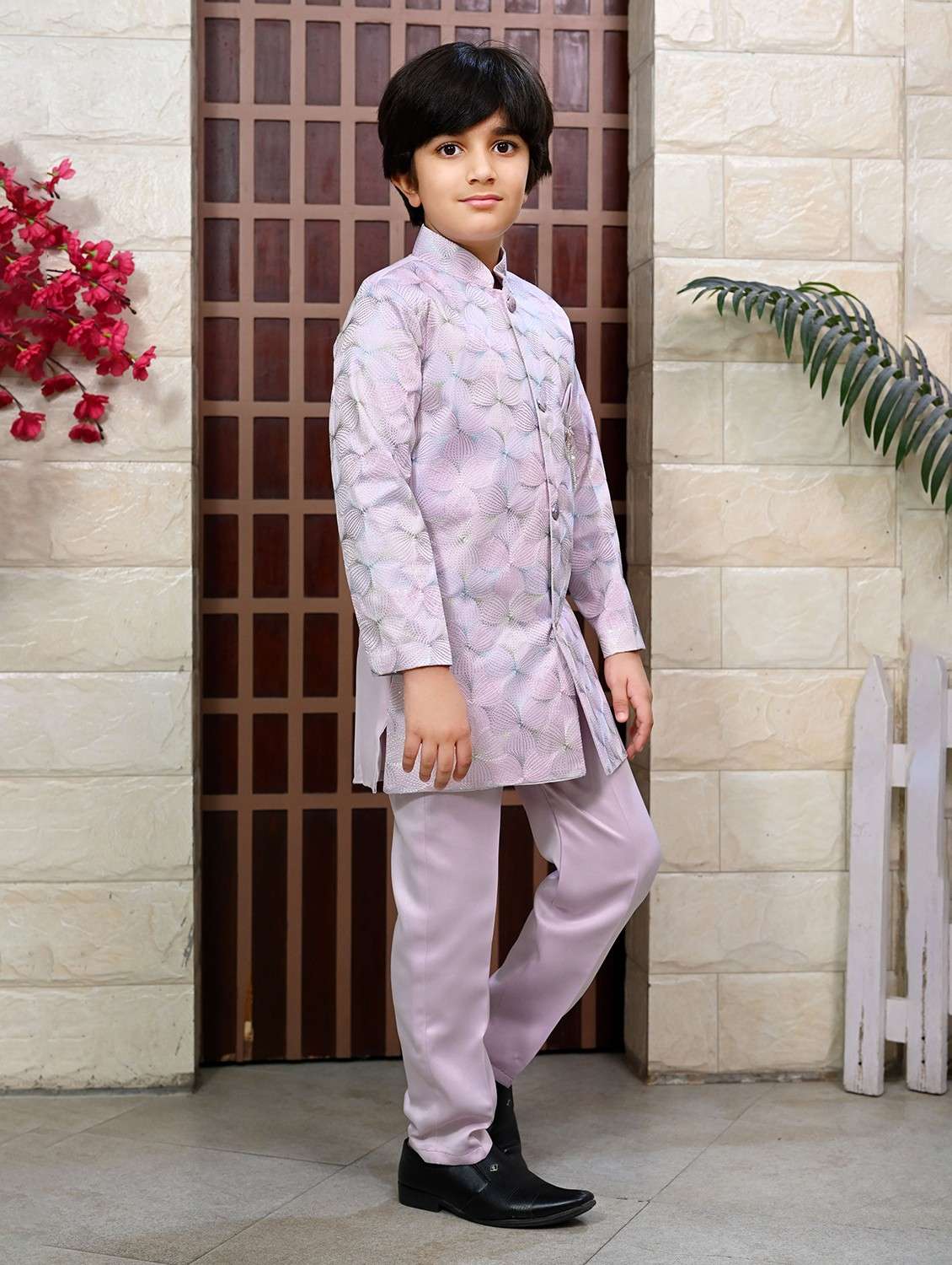 boys embroidered mandrain collar sherwani set - 22026299 -  Standard Image - 1