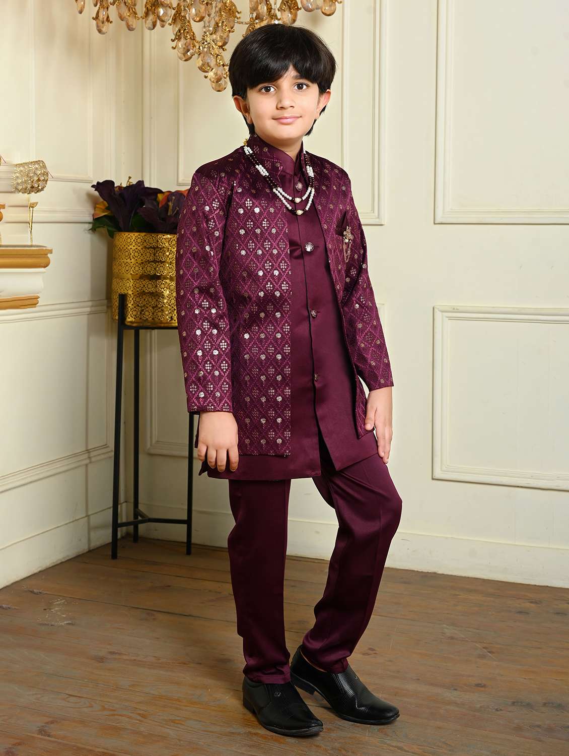 boys embroidered mandrain collar sherwani set - 22026304 - Standard Image - 1