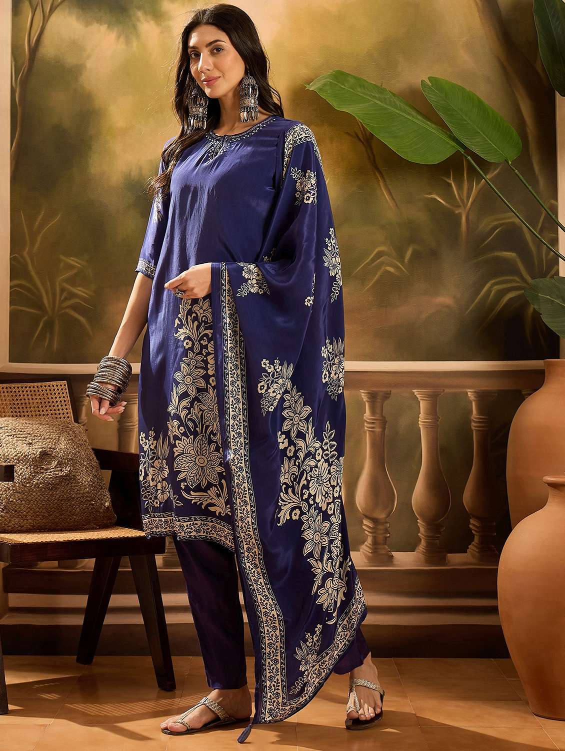 women floral printed three quarter sleeve kurta pant with dupatta set - 22026312 -  Standard Image - 1