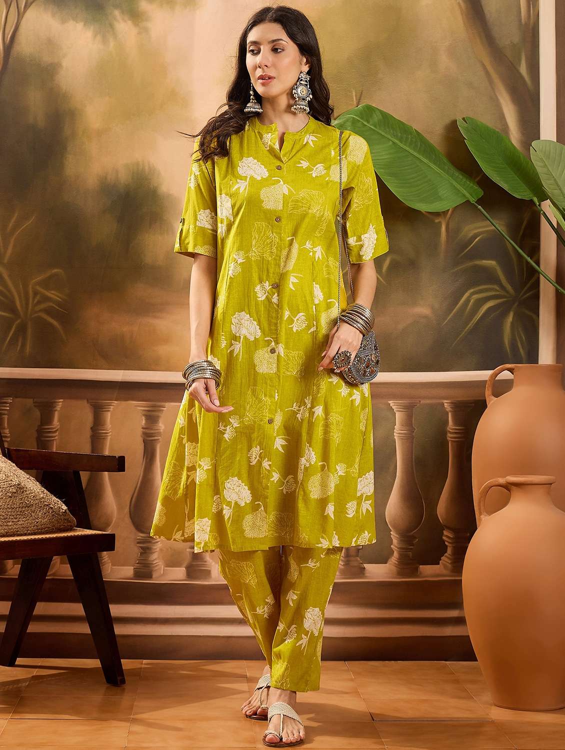 women printed roll up sleeve kurta pant set - 22026313 -  Standard Image - 1