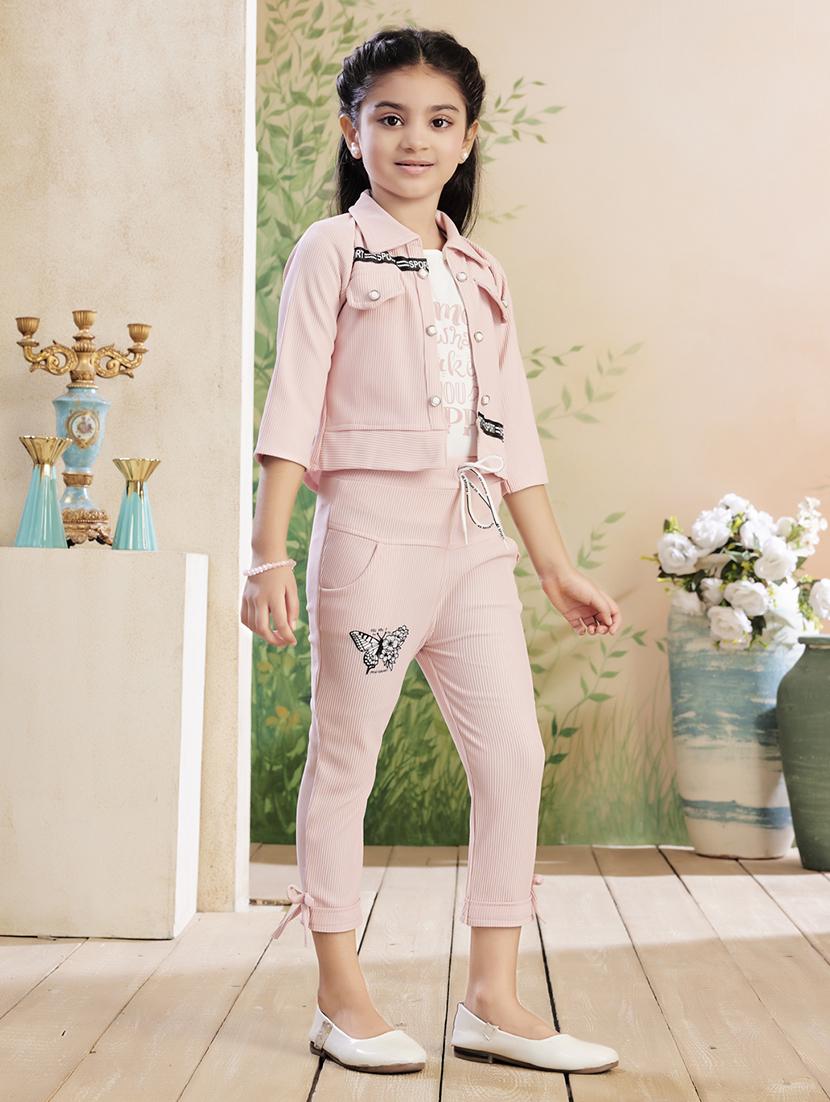 girls solid top & trouser co-ord set - 22026329 -  Standard Image - 1