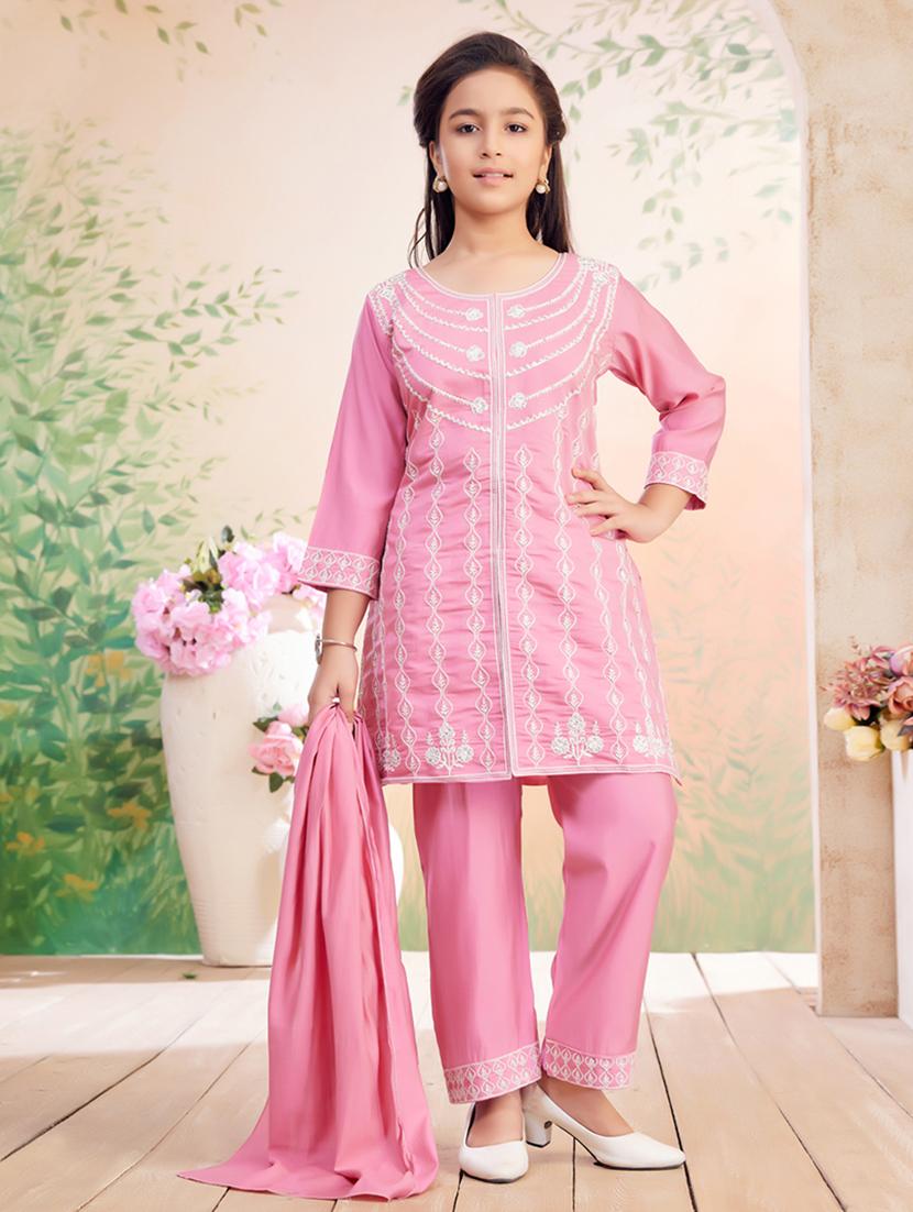 girls embroidered kurta pant set with dupatta