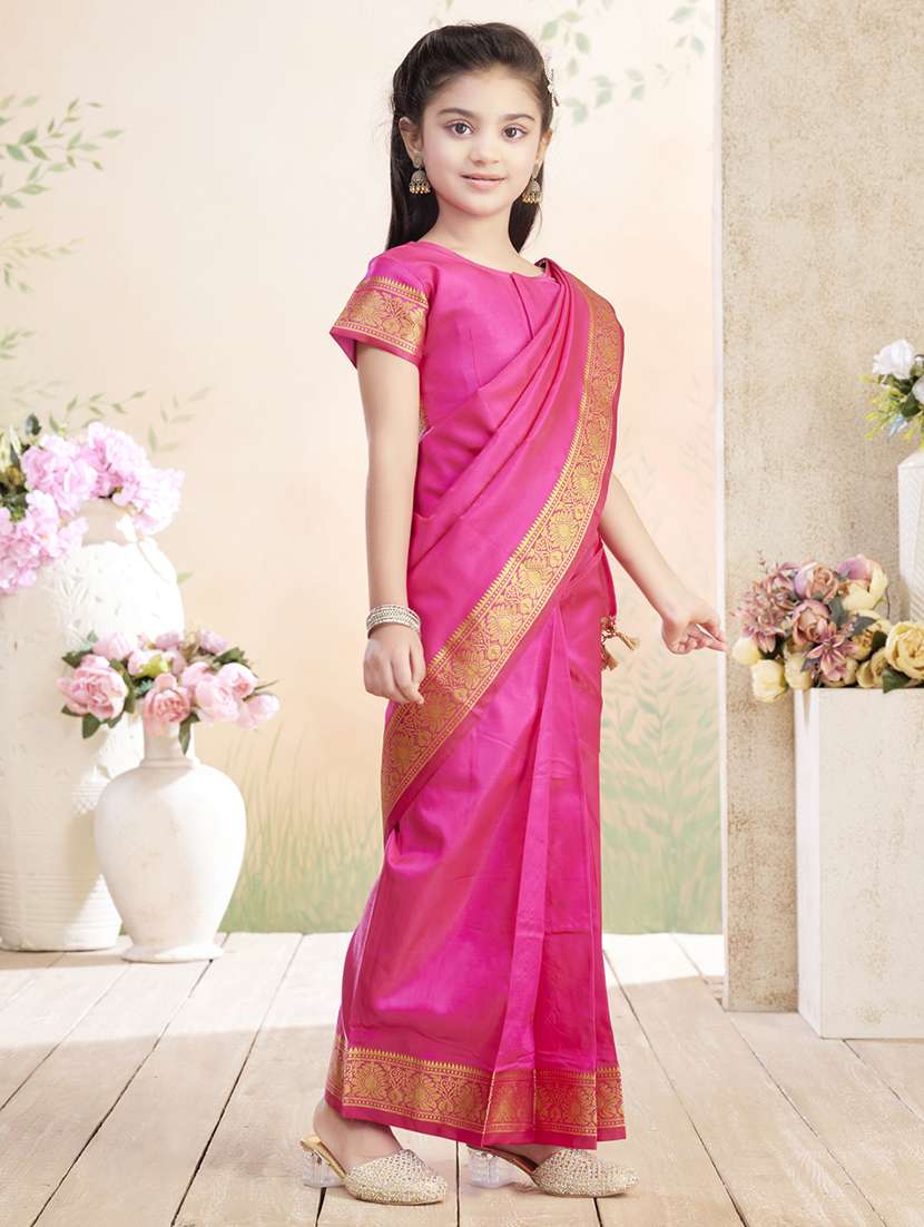 girls solid bordered ready to wear saree - 22026384 -  Standard Image - 1