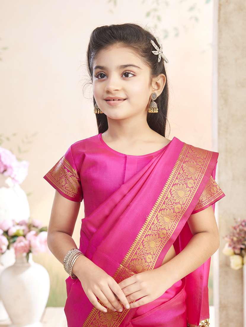 girls solid bordered ready to wear saree - 22026384 -  Standard Image - 4