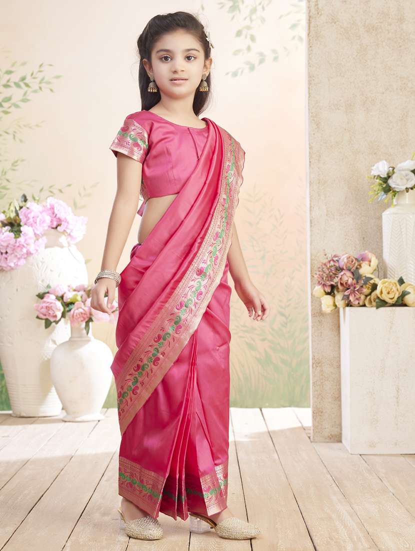 girls solid bordered ready to wear saree - 22026386 -  Standard Image - 1