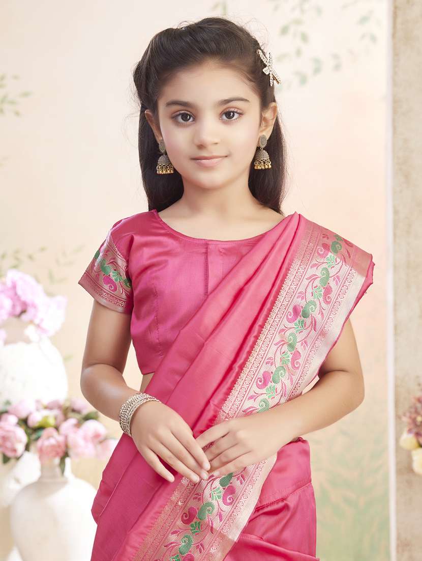 girls solid bordered ready to wear saree - 22026386 -  Standard Image - 4