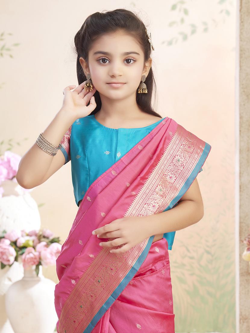 girls solid bordered ready to wear saree - 22026387 -  Standard Image - 1