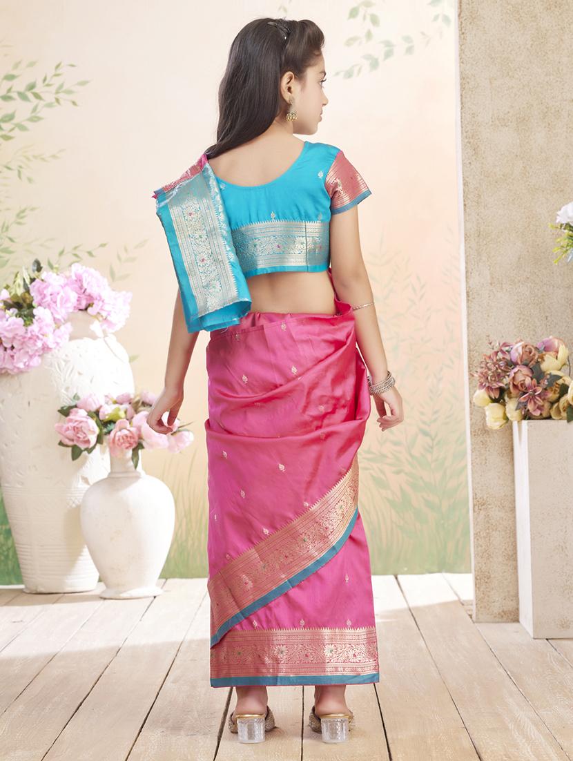 girls solid bordered ready to wear saree - 22026387 - Standard Image - 4