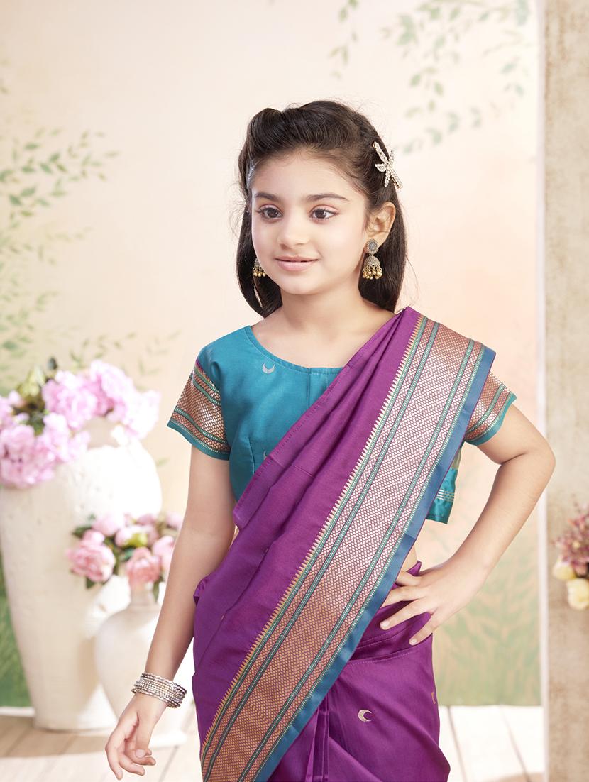 girls solid bordered ready to wear saree - 22026389 - Standard Image - 1