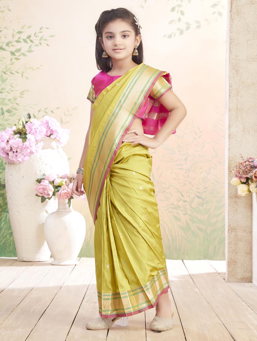 girls solid bordered ready to wear saree - 22026390 - Standard Image - 1