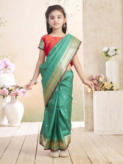 girls solid bordered ready to wear saree - 22026391 - Standard Image - 0